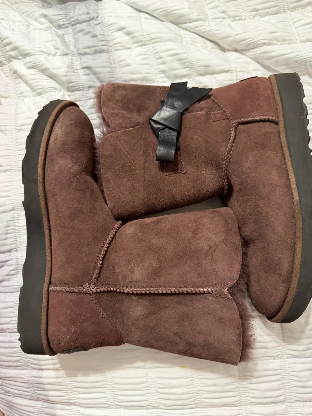 UGG Chocolate Brown Suede Mid-Calf Boots with Bow